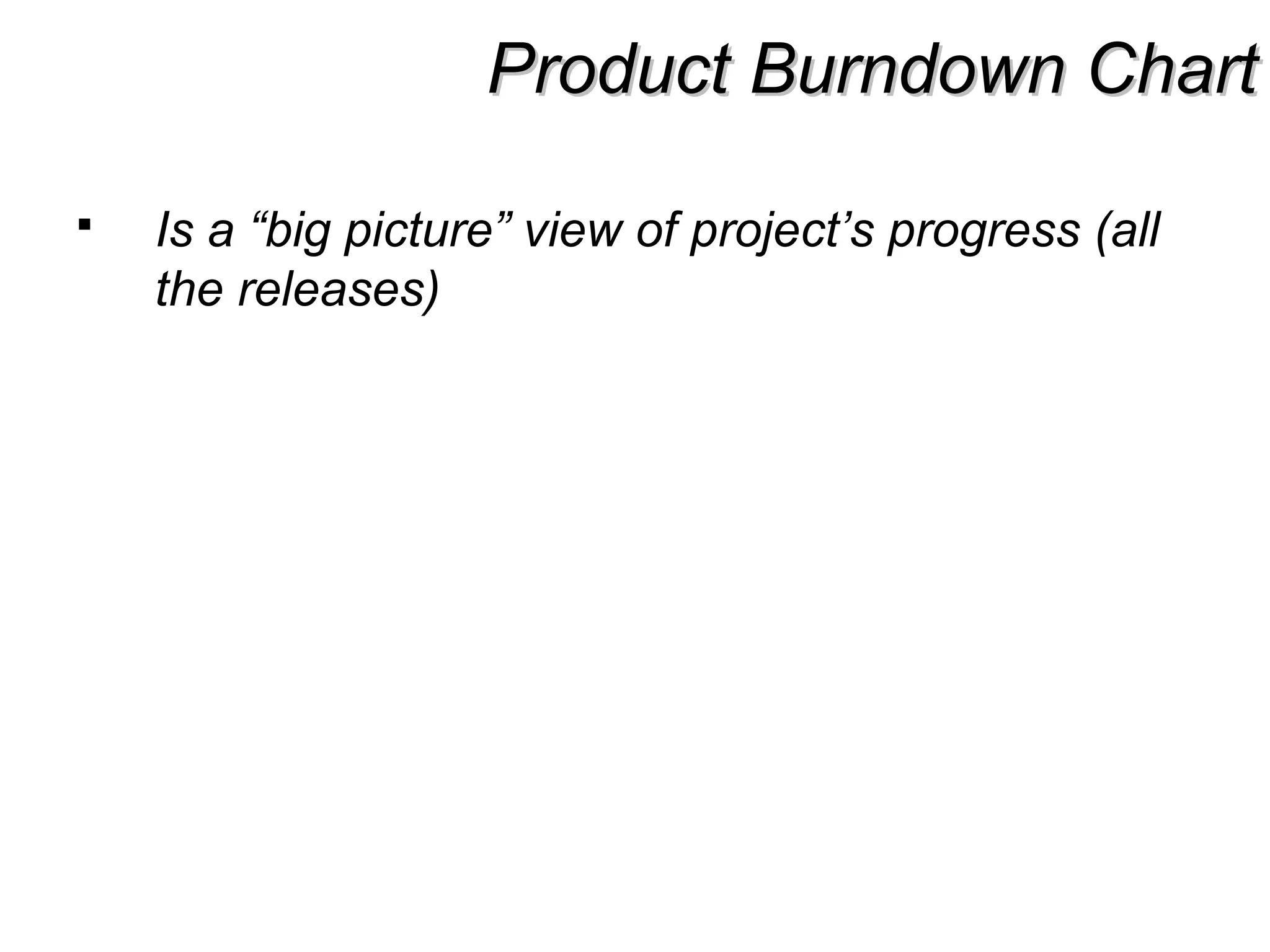Product Burndown ChartProduct Burndown Chart
 Is a “big picture” view of project’s progress (all
the releases)
 