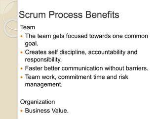 Scrum Process Benefits
Team
 The team gets focused towards one common
goal.
 Creates self discipline, accountability and
responsibility.
 Faster better communication without barriers.
 Team work, commitment time and risk
management.
Organization
 Business Value.
 