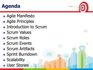 Agenda
 Agile Manifesto
 Agile Principles
 Introduction to Scrum
 Scrum Values
 Scrum Roles
 Scrum Events
 Scrum Artifacts
 Sprint Burndown
 Scalability
 User Stories
 