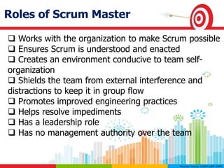 Roles of Scrum Master
 Works with the organization to make Scrum possible
 Ensures Scrum is understood and enacted
 Creates an environment conducive to team self-
organization
 Shields the team from external interference and
distractions to keep it in group flow
 Promotes improved engineering practices
 Helps resolve impediments
 Has a leadership role
 Has no management authority over the team
 