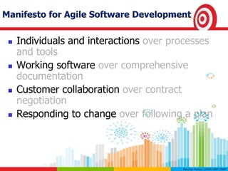 Manifesto for Agile Software Development
 Individuals and interactions over processes
and tools
 Working software over comprehensive
documentation
 Customer collaboration over contract
negotiation
 Responding to change over following a plan
 