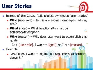 User Stories
 Instead of Use Cases, Agile project owners do "user stories"
 Who (user role) – Is this a customer, employee, admin,
etc.?
 What (goal) – What functionality must be
achieved/developed?
 Why (reason) – Why does user want to accomplish this
goal?
As a [user role], I want to [goal], so I can [reason].
 Example:
 "As a user, I want to log in, so I can access subscriber
content.”
 