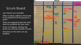 Scrum Board
User Stories are recorded
When worked, added to the board
to be worked on by the group in a
sprint
Tasks are assigned to get the work
done to complete the user story
To do, In Progress, Testing and
Done are common buckets of work
Everyone on the team can see
progress
 
