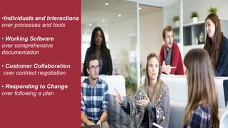 •Individuals and Interactions
over processes and tools
• Working Software
over comprehensive
documentation
• Customer Collaboration
over contract negotiation
• Responding to Change
over following a plan
 