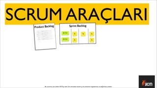 SCRUM ARAÇLARI
  Product Backlog                                 Sprint Backlog

                                         STEK!              !             !             !


                                         STEK!              !                           !




          Bu sunumun tüm hakları ACM’ya aittir. İzin alınmadan kısmen ya da tamamen kopyalanması ve dağıtılması yasaktır.
 