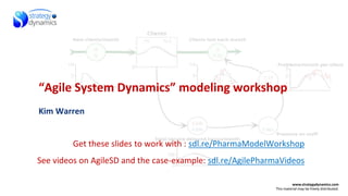 www.strategydynamics.com
This material may be freely distributed.
“Agile System Dynamics” modeling workshop
Kim Warren
Get these slides to work with : sdl.re/PharmaModelWorkshop
See videos on AgileSD and the case-example: sdl.re/AgilePharmaVideos
 