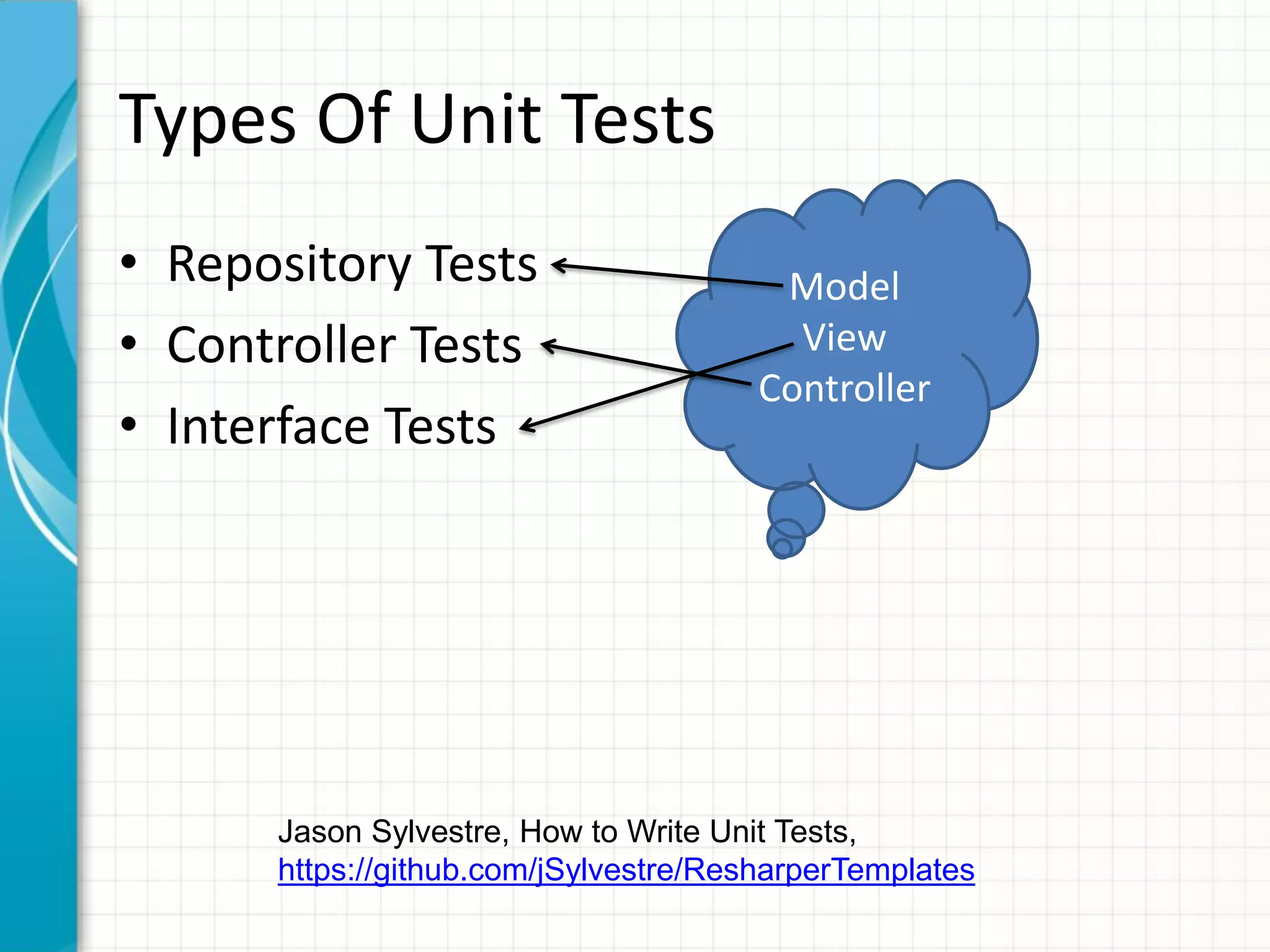 Types Of Unit Tests
• Repository Tests                      Model
• Controller Tests                       View
                                       Controller
• Interface Tests




      Jason Sylvestre, How to Write Unit Tests,
      https://github.com/jSylvestre/ResharperTemplates
 