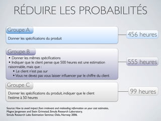 RÉDUIRE LES PROBABILITÉS
Groupe A
 Donner les spéciﬁcations du produit
                                                                                                 456 heures

Groupe B
 • Donner les mêmes spéciﬁcations
 • Indiquer que le client pense que 500 heures est une estimation                                555 heures
 raisonnable, mais que :
    • Le client n’est pas sur
    • Vous ne devez pas vous laisser inﬂuencer par le chiffre du client

Groupe C
 Donner les spéciﬁcations du produit, indiquer que le client                                     99 heures
 l’estime à 50 heures

Source: How to avoid impact from irrelevant and misleading information on your cost estimates,
Magne Jørgensen and Stein Grimstad, Simula Research Laboratory,
Simula Research Labs Estimation Seminar, Oslo, Norway 2006.
 
