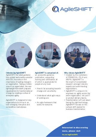 Introducing AgileSHIFT
AgileSHIFT, the latest guidance
from global best practice provider
AXELOS, focusses on the
importan...