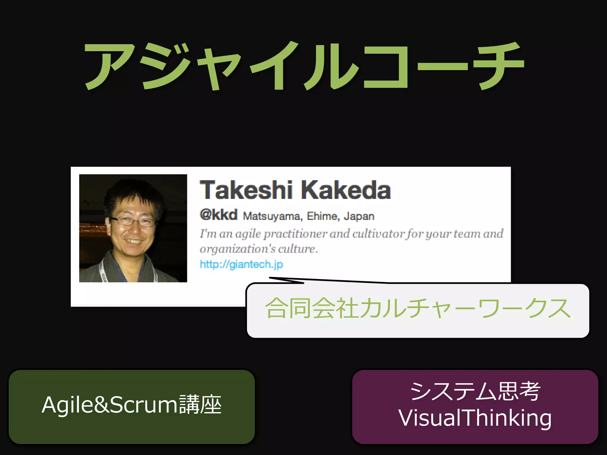 アジャイルコーチ



                合同会社カルチャーワークス


                      システム思考
Agile&Scrum講座
                     VisualThinking
 