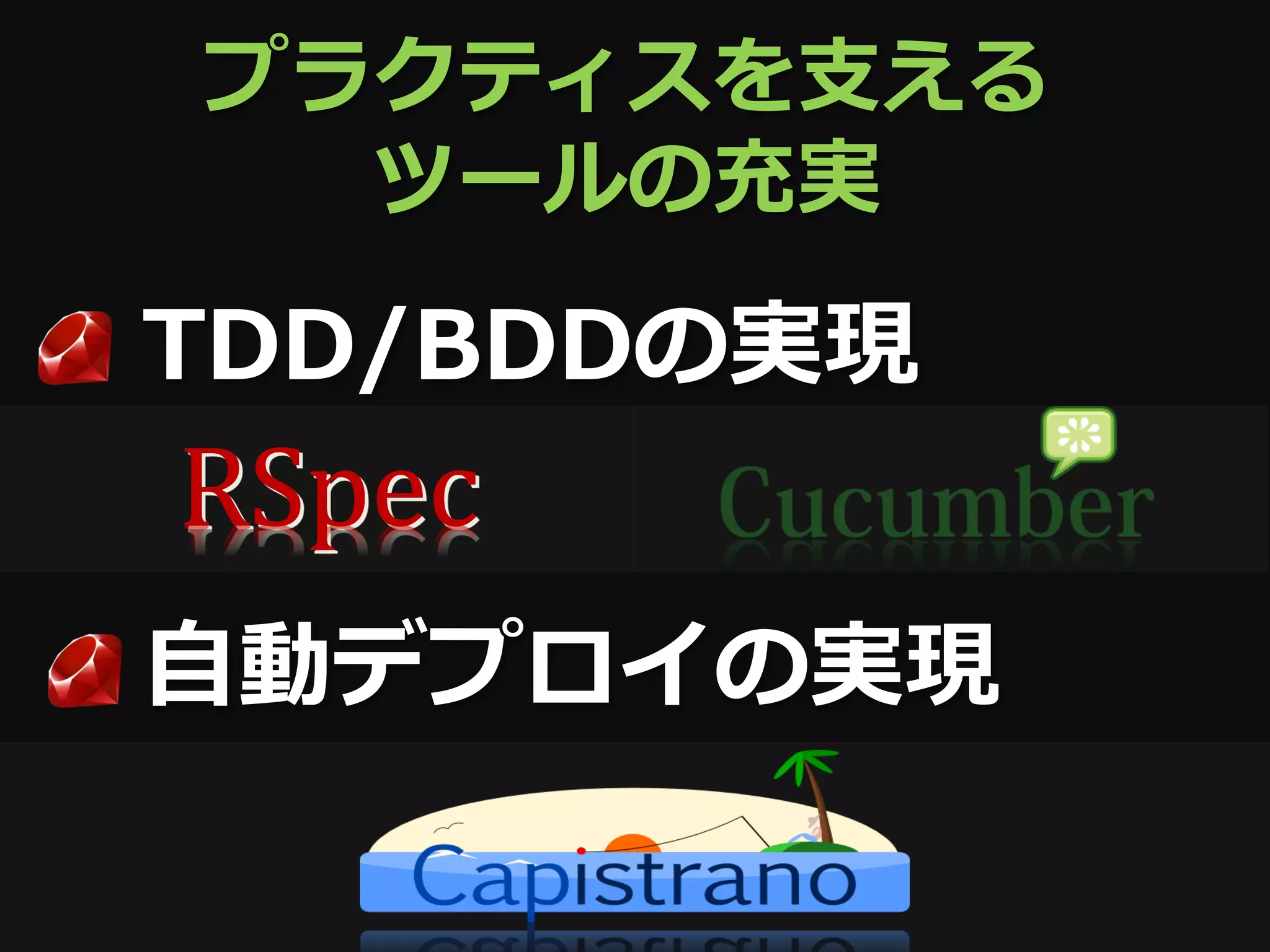 プラクティスを支える
  ツールの充実

TDD/BDDの実現
RSpec
自動デプロイの実現
 