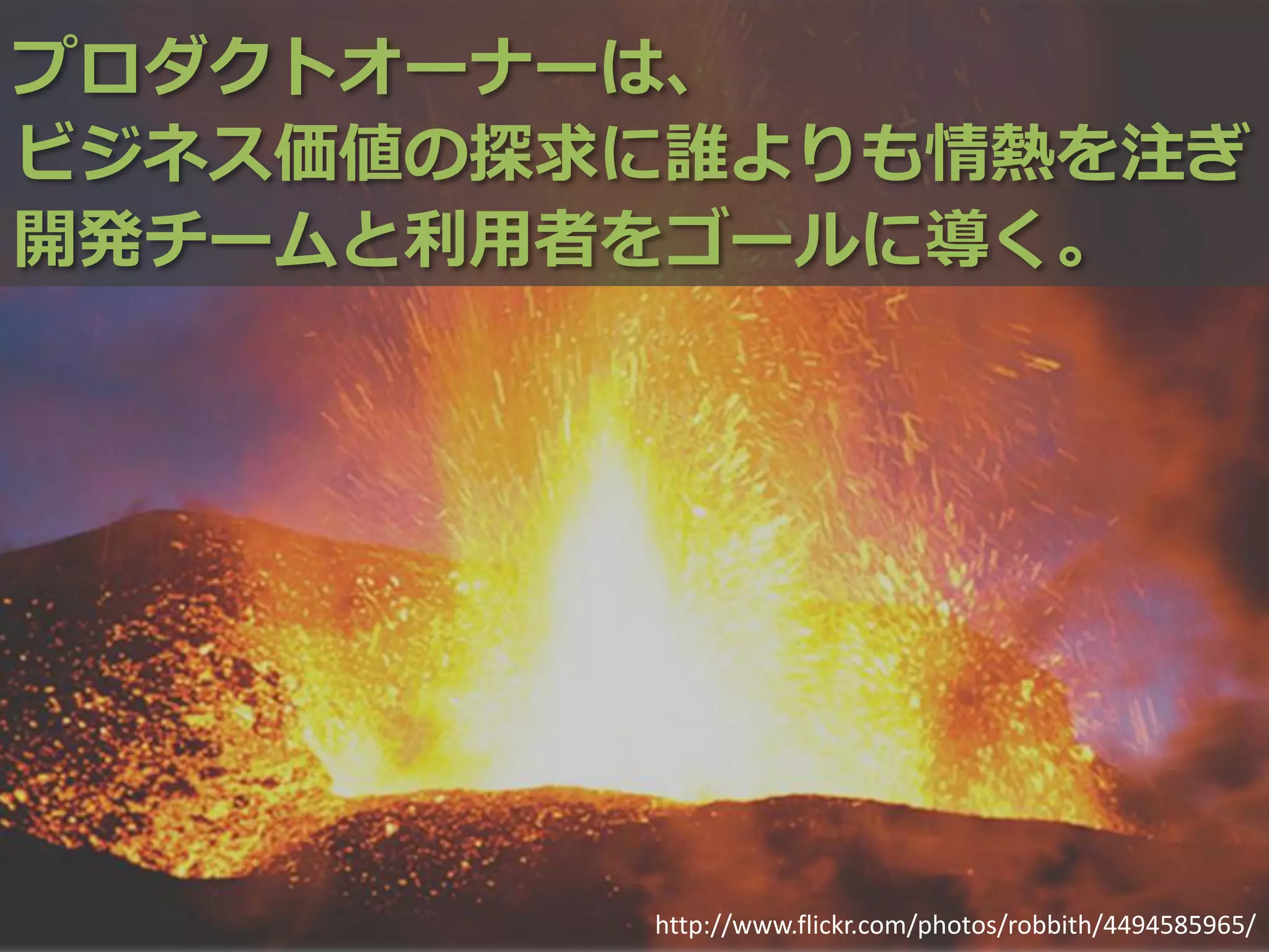 プロダクトオーナーは、
ビジネス価値の探求に誰よりも情熱を注ぎ
開発チームと利用者をゴールに導く。




         http://www.flickr.com/photos/robbith/4494585965/
 