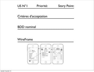 US N°1        Priorité:   Story Point:


                      Critères d’acceptation


                      BDD nominal


                      WireFrame




mardi 15 janvier 13
 