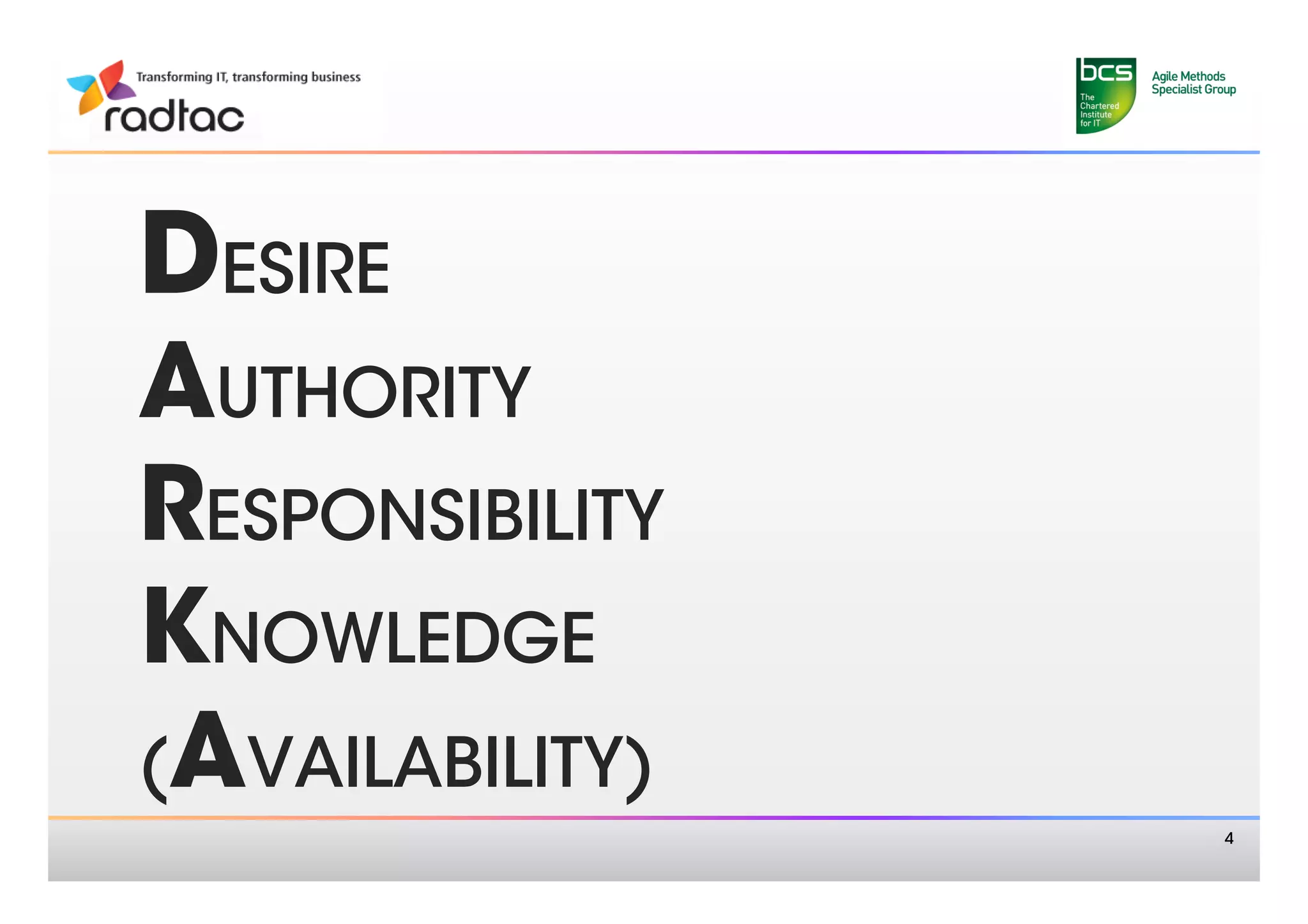 DESIRE
AUTHORITY
RESPONSIBILITY
KNOWLEDGE
(AVAILABILITY)
                  4
 