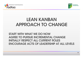 LEAN KANBAN 
    APPROACH TO CHANGE
            
START WITH WHAT WE DO NOW
AGREE TO PURSUE INCREMENTAL CHANGE
INITIALLY RESPECT ALL CURRENT ROLES
ENCOURAGE ACTS OF LEADERSHIP AT ALL LEVELS


                                              19
 