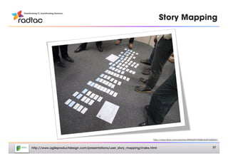Story Mapping




                                                                          http://www.ﬂickr.com/photos/49942291@N06/6307658357/


http://www.agileproductdesign.com/presentations/user_story_mapping/index.html
                                          27
 