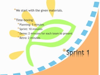 *
*We start with the given materials.
*Time-boxing:
*Planning: 5 minutes
*Iteration: 10 minutes
*Demo: 2 minutes for each team to present
*Retro: 2 minutes
 