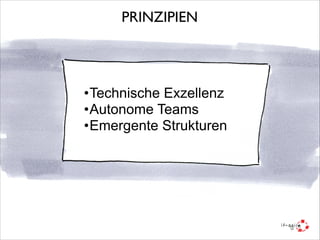 PRINZIPIEN

•Technische Exzellenz
•Autonome Teams
•Emergente Strukturen

 