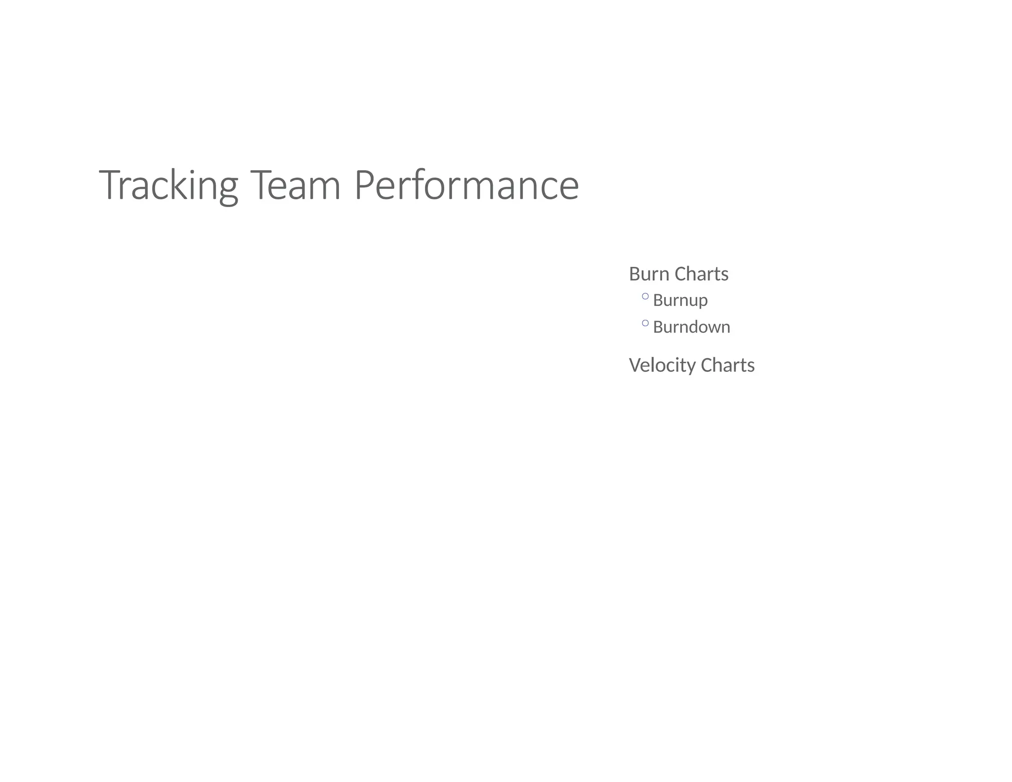 Tracking Team Performance
Burn Charts
◦Burnup
◦Burndown
Velocity Charts
 