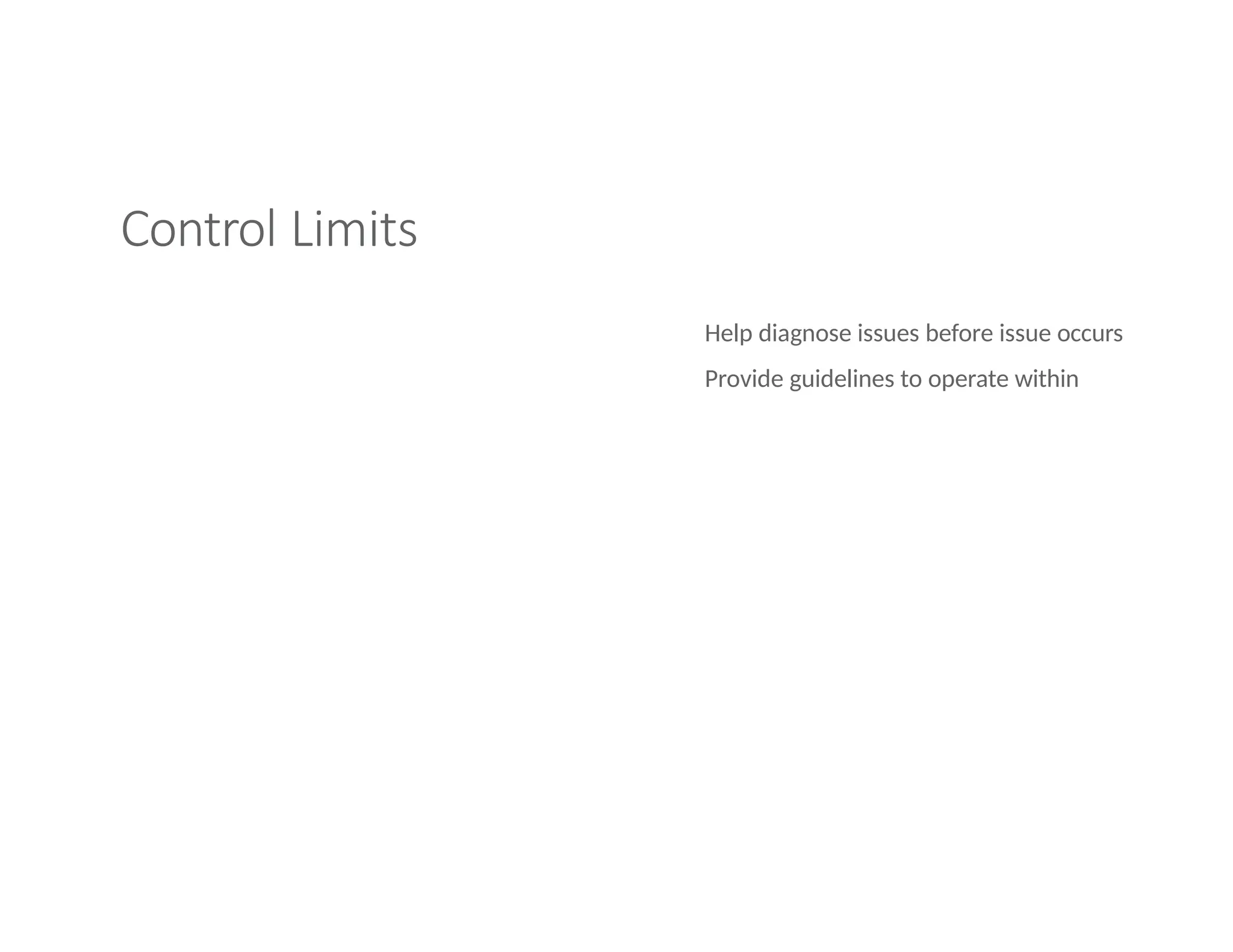 Control Limits
Help diagnose issues before issue occurs
Provide guidelines to operate within
 