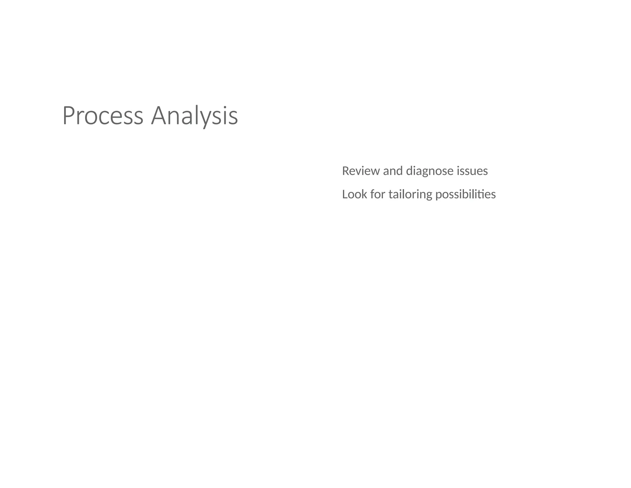 Process Analysis
Review and diagnose issues
Look for tailoring possibilities
 