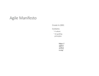 Agile Manifesto
Create in 2001
Contains:
◦4 values
◦12 guiding
principles
https://
agilem
anifest
o.org/
 