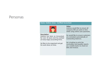 Personas
Name: Andrew Jones– Certified Accountant
Value:
Andrew would like to ensure all
company bills are paid on time
while using online auto payments.
He would like to ensure customers
are reminded automatically of
outstanding balances.
He is looking to print the
receivables and payable reports
on a weekly basics to check on
bills and invoices.
Description:
Andrew has been an Accountant
for over 10 years and has worked
at many large accounting firms.
He likes to be organized and get
his work done on time.
 