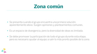 Zona común
• Se presenta cuando el grupo encuentra una primera solución,
aparentemente obvia. Surgen opiniones y planteamientos comunes.
• Es un espacio de divergencia, pero la diversidad de ideas es limitada.
• Se debe promover la participación de todo el grupo durante esta etapa,
pero es necesario ayudar al equipo a salir lo más pronto posible de la zona.
 