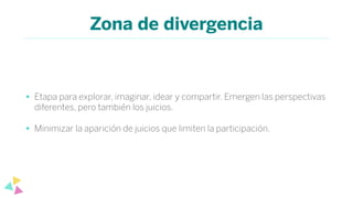 Zona de divergencia
• Etapa para explorar, imaginar, idear y compartir. Emergen las perspectivas
diferentes, pero también los juicios.
• Minimizar la aparición de juicios que limiten la participación.
 