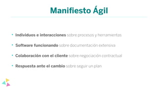 Maniﬁesto Ágil
• Individuos e interacciones sobre procesos y herramientas
• Software funcionando sobre documentación extensiva
• Colaboración con el cliente sobre negociación contractual
• Respuesta ante el cambio sobre seguir un plan
 