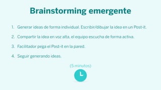 Brainstorming emergente
1. Generar ideas de forma individual. Escribir/dibujar la idea en un Post-it.
2. Compartir la idea en voz alta, el equipo escucha de forma activa.
3. Facilitador pega el Post-it en la pared.
4. Seguir generando ideas.
(5 minutos)
 