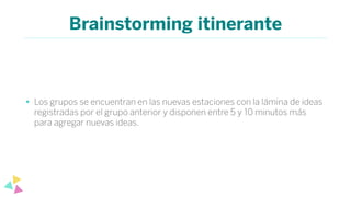 Brainstorming itinerante
• Los grupos se encuentran en las nuevas estaciones con la lámina de ideas
registradas por el grupo anterior y disponen entre 5 y 10 minutos más
para agregar nuevas ideas.
 