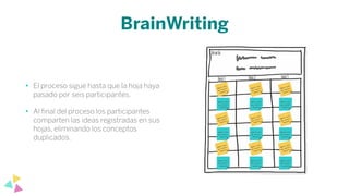BrainWriting
• El proceso sigue hasta que la hoja haya
pasado por seis participantes.
• Al ﬁnal del proceso los participantes
comparten las ideas registradas en sus
hojas, eliminando los conceptos
duplicados.
 