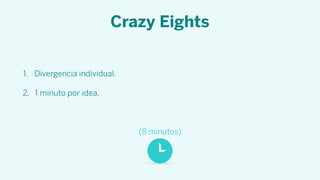 Crazy Eights
1. Divergencia individual.
2. 1 minuto por idea.
(8 minutos)
 