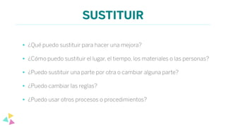 SUSTITUIR
• ¿Qué puedo sustituir para hacer una mejora?
• ¿Cómo puedo sustituir el lugar, el tiempo, los materiales o las personas?
• ¿Puedo sustituir una parte por otra o cambiar alguna parte?
• ¿Puedo cambiar las reglas?
• ¿Puedo usar otros procesos o procedimientos?
 