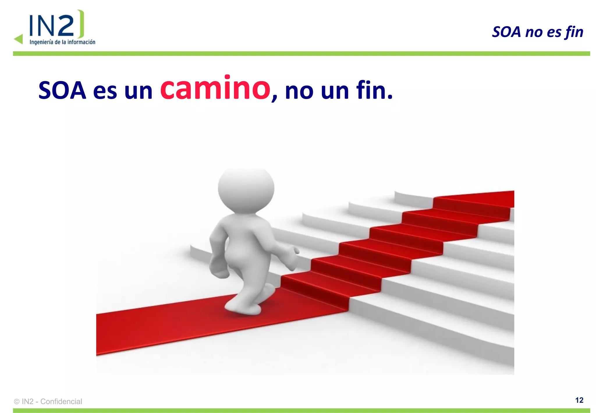 SOA no es fin


    SOA es un camino, no un fin.




IN2 - Confidencial                            12
 