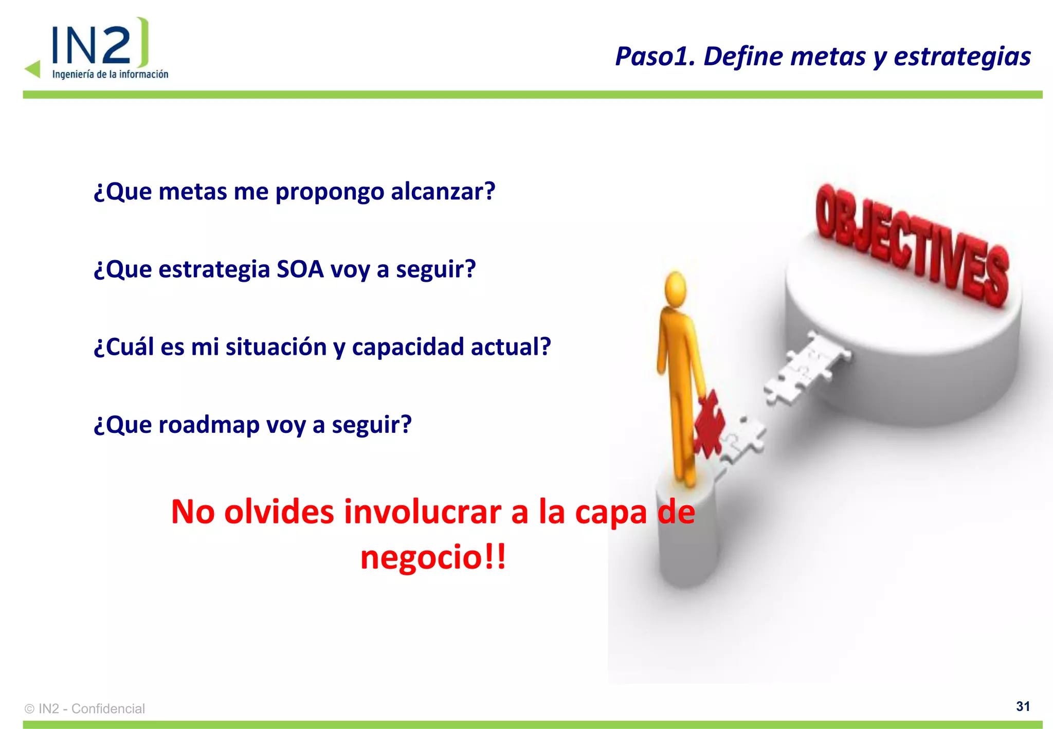 Paso1. Define metas y estrategias



         ¿Que metas me propongo alcanzar?

         ¿Que estrategia SOA voy a seguir?

         ¿Cuál es mi situación y capacidad actual?

         ¿Que roadmap voy a seguir?


                     No olvides involucrar a la capa de
                                 negocio!!


IN2 - Confidencial                                                                  31
 
