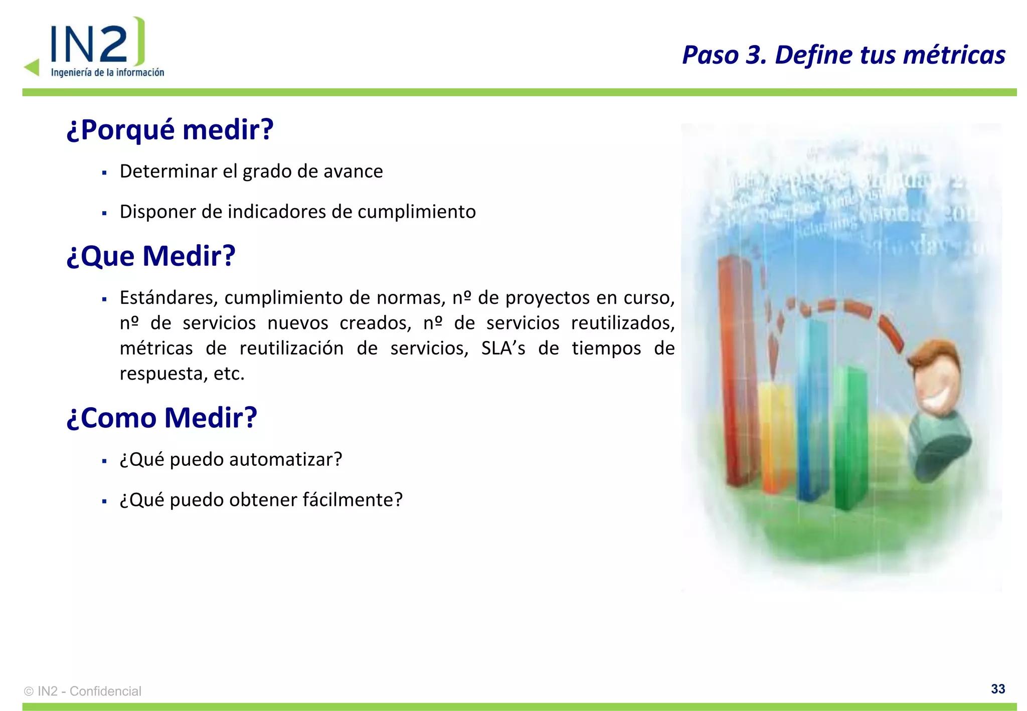 Paso 3. Define tus métricas

    ¿Porqué medir?
              Determinar el grado de avance
              Disponer de indicadores de cumplimiento

    ¿Que Medir?
              Estándares, cumplimiento de normas, nº de proyectos en curso,
               nº de servicios nuevos creados, nº de servicios reutilizados,
               métricas de reutilización de servicios, SLA’s de tiempos de
               respuesta, etc.

    ¿Como Medir?
              ¿Qué puedo automatizar?
              ¿Qué puedo obtener fácilmente?




IN2 - Confidencial                                                                                      33
 