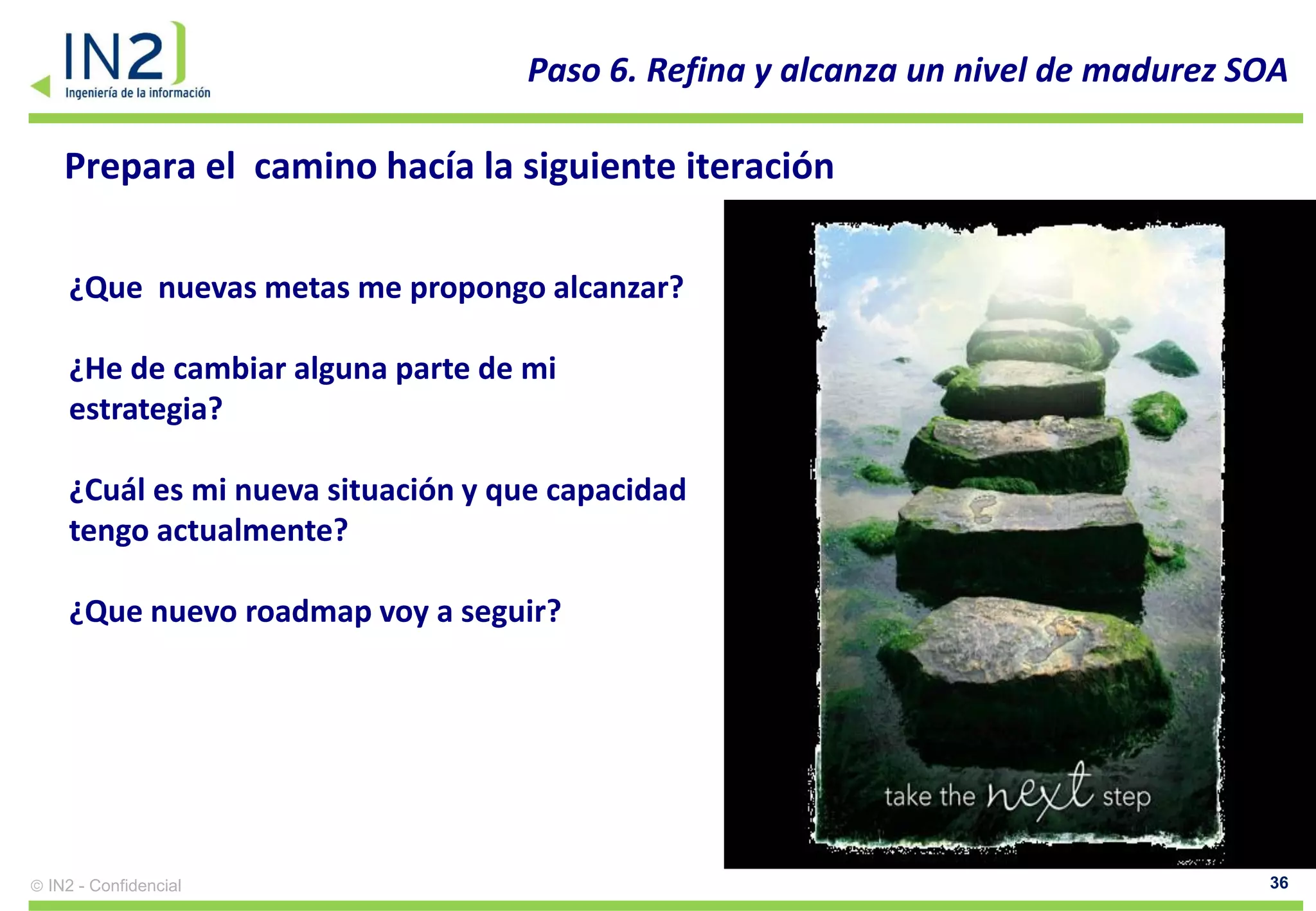 Paso 6. Refina y alcanza un nivel de madurez SOA

  Prepara el camino hacía la siguiente iteración

  ¿Que nuevas metas me propongo alcanzar?

  ¿He de cambiar alguna parte de mi
  estrategia?

  ¿Cuál es mi nueva situación y que capacidad
  tengo actualmente?

  ¿Que nuevo roadmap voy a seguir?




IN2 - Confidencial                                                             36
 