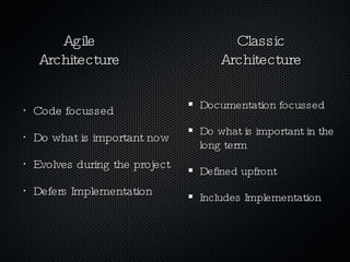 Code focussed Do what is important now Evolves during the project Defers Implementation Documentation focussed Do what is important in the long term Defined upfront Includes Implementation Agile Architecture Classic Architecture 