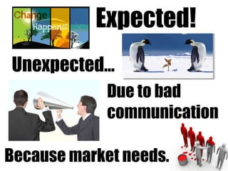 Expected!
Unexpected...
             Due to bad
             communication

Because market needs.
 