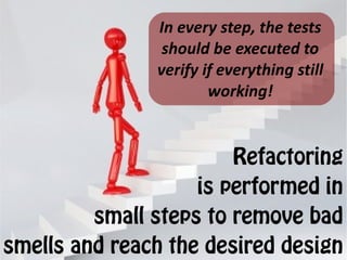 In every step, the tests
                should be executed to
               verify if everything still
                       working!


                        Refactoring
                    is performed in
         small steps to remove bad
smells and reach the desired design
 
