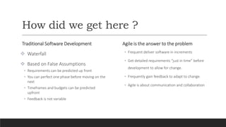 How did we get here ?
Traditional Software Development
 Waterfall
 Based on False Assumptions
◦ Requirements can be predicted up front
◦ You can perfect one phase before moving on the
next
◦ Timeframes and budgets can be predicted
upfront
◦ Feedback is not variable
Agile is the answer to the problem
◦ Frequent deliver software in increments
◦ Get detailed requirements “just in time” before
development to allow for change.
◦ Frequently gain feedback to adapt to change.
◦ Agile is about communication and collaboration
 