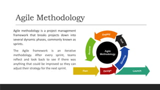 Agile Methodology
Agile methodology is a project management
framework that breaks projects down into
several dynamic phases, commonly known as
sprints.
The Agile framework is an iterative
methodology. After every sprint, teams
reflect and look back to see if there was
anything that could be improved so they can
adjust their strategy for the next sprint.
 