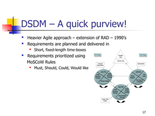 17
DSDM – A quick purview!
 Heavier Agile approach – extension of RAD – 1990’s
 Requirements are planned and delivered in
 Short, fixed-length time-boxes
 Requirements prioritized using
MoSCoW Rules
 Must, Should, Could, Would like
 