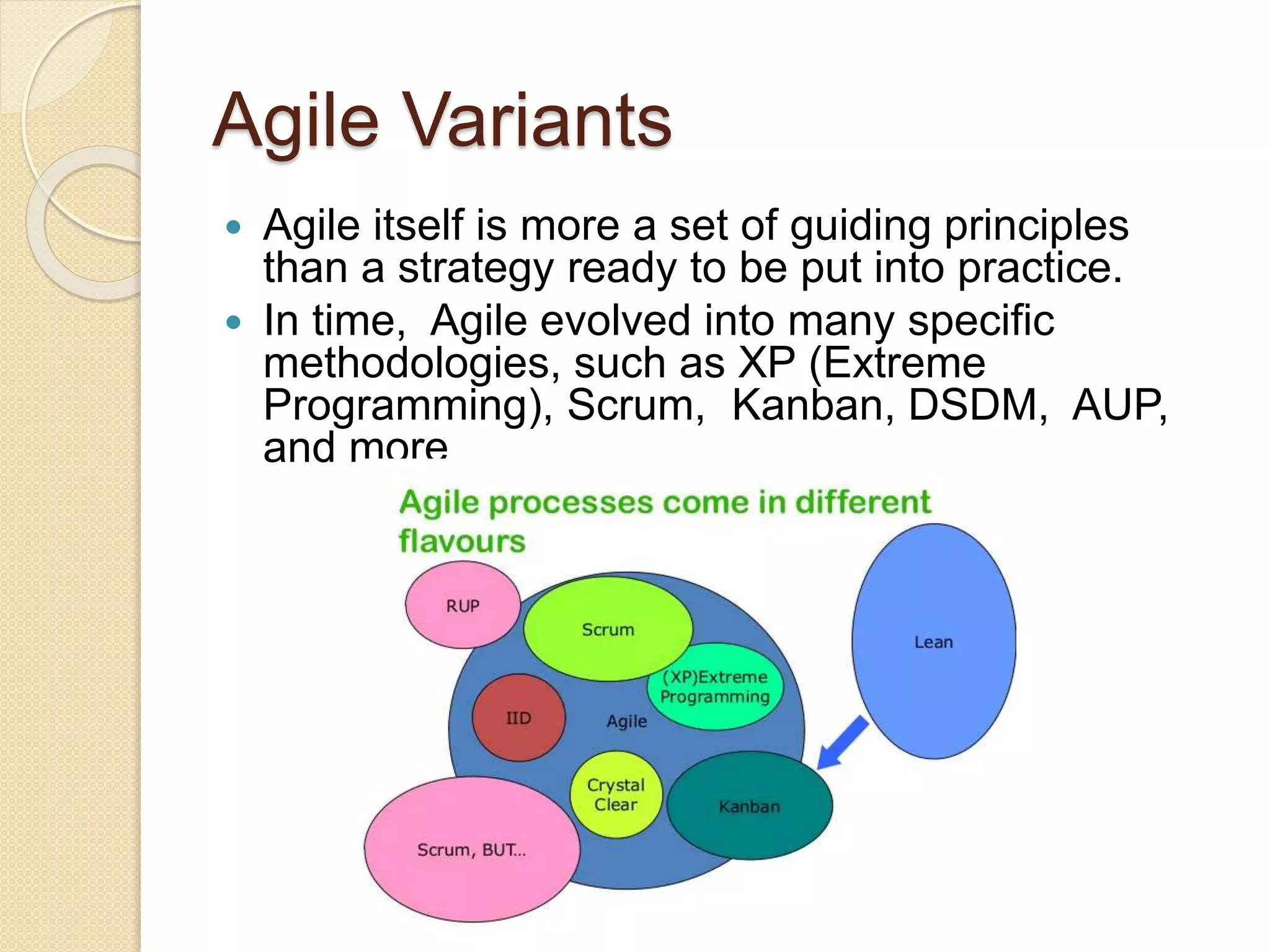 Agile Variants
 Agile itself is more a set of guiding principles
than a strategy ready to be put into practice.
 In time, Agile evolved into many specific
methodologies, such as XP (Extreme
Programming), Scrum, Kanban, DSDM, AUP,
and more
 