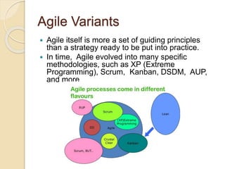 Agile Variants
 Agile itself is more a set of guiding principles
than a strategy ready to be put into practice.
 In time, Agile evolved into many specific
methodologies, such as XP (Extreme
Programming), Scrum, Kanban, DSDM, AUP,
and more
 