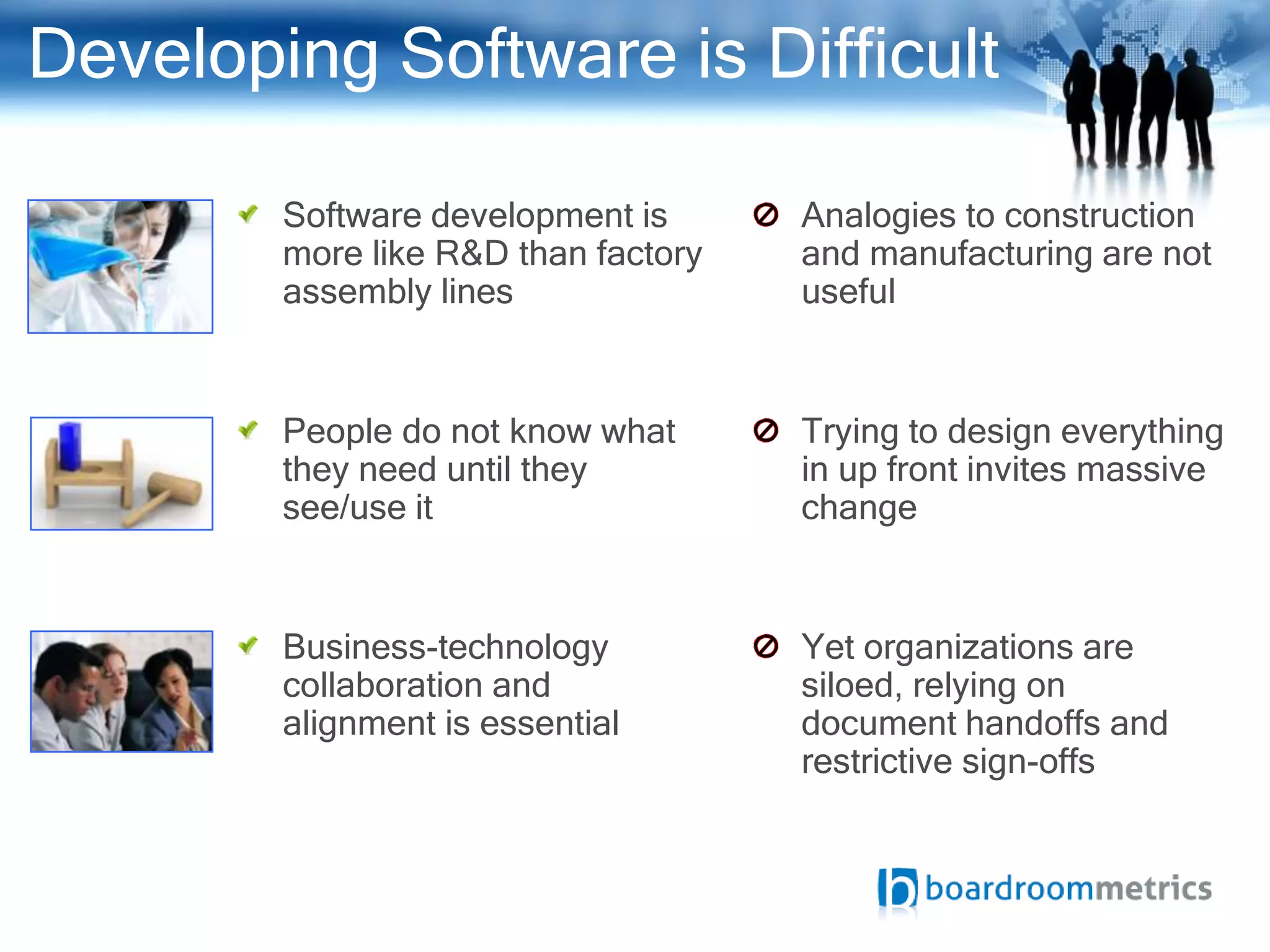 Developing Software is Difficult

        Software development is      Analogies to construction
        more like R&D than factory   and manufacturing are not
        assembly lines               useful


        People do not know what      Trying to design everything
        they need until they         in up front invites massive
        see/use it                   change


        Business-technology          Yet organizations are
        collaboration and            siloed, relying on
        alignment is essential       document handoffs and
                                     restrictive sign-offs
 
