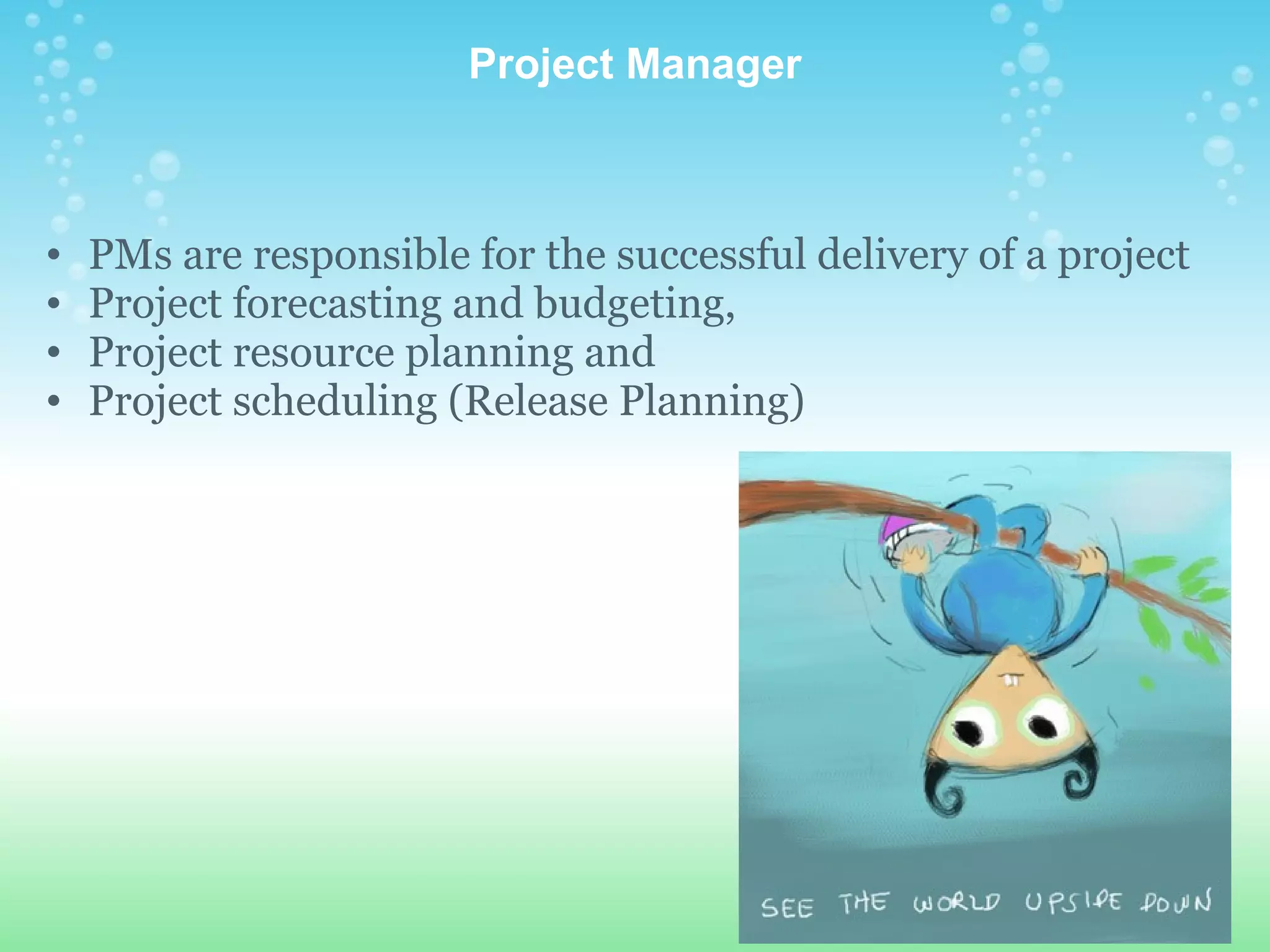 Project Manager PMs are responsible for the successful delivery of a project Project forecasting and budgeting, Project resource planning and Project scheduling (Release Planning) 