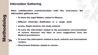Methodolog
y
Information Gathering
After collaborative communication with the end-users, the
information gathered are:
To know the Legal Matters related to Women.
Different University Notification in a single point
access. Expert lectures and study material
T
o have the information related to the precautions and preventions
of various diseases and likes to have suggestions from the
Medical practitioners.
To know the information related to local, national and international
recipes.
Government Schemes related to women.
 